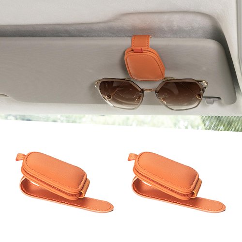 Yuoyar Sunglass Holder for Car, Magnetic Leather Sunglasses Holder and Ticket Card Clip, Car Visor Accessories, 2 Packs (Orange)