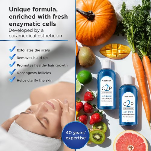 CLEAR 2 PERFECTION Acne Treatment Kit - Non-Comedogenic Haircare & Skincare Trio - Scrub, Shampoo & Conditioner - Ideal for Acne-Prone Skin & Bacne