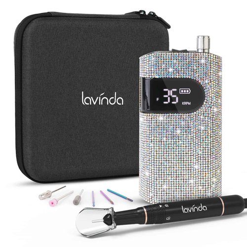 Professional Rechargeable Nail Drill Machine, Lavinda Diamond 35000RPM Electric Nail File Cordless Portable Nail Drill with Coreless Motor for Acrylic Nails, Manicure Pedicure Tool, Crystal Diamond