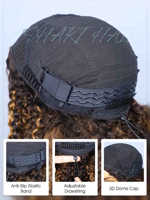 Ashart Highlight Brown Ombre Kinky Curly Half Wig Human Hair 2/30 Color 18 Inch 3 in 1 Seamless Flip Over Half Wigs for Black Women Glueless Wear and Go Elastic Drawstring 180% Density Human Hair Wig