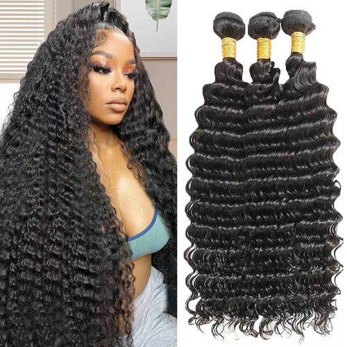 Deep Wave Human Hair Bundles 20 22 24 Inch Deep Curly Bundles Human Hair 12A Unprocessed Brazilian Virgin Weave 3 Bundles Real Human Hair Extensions 1B Bundles for Women