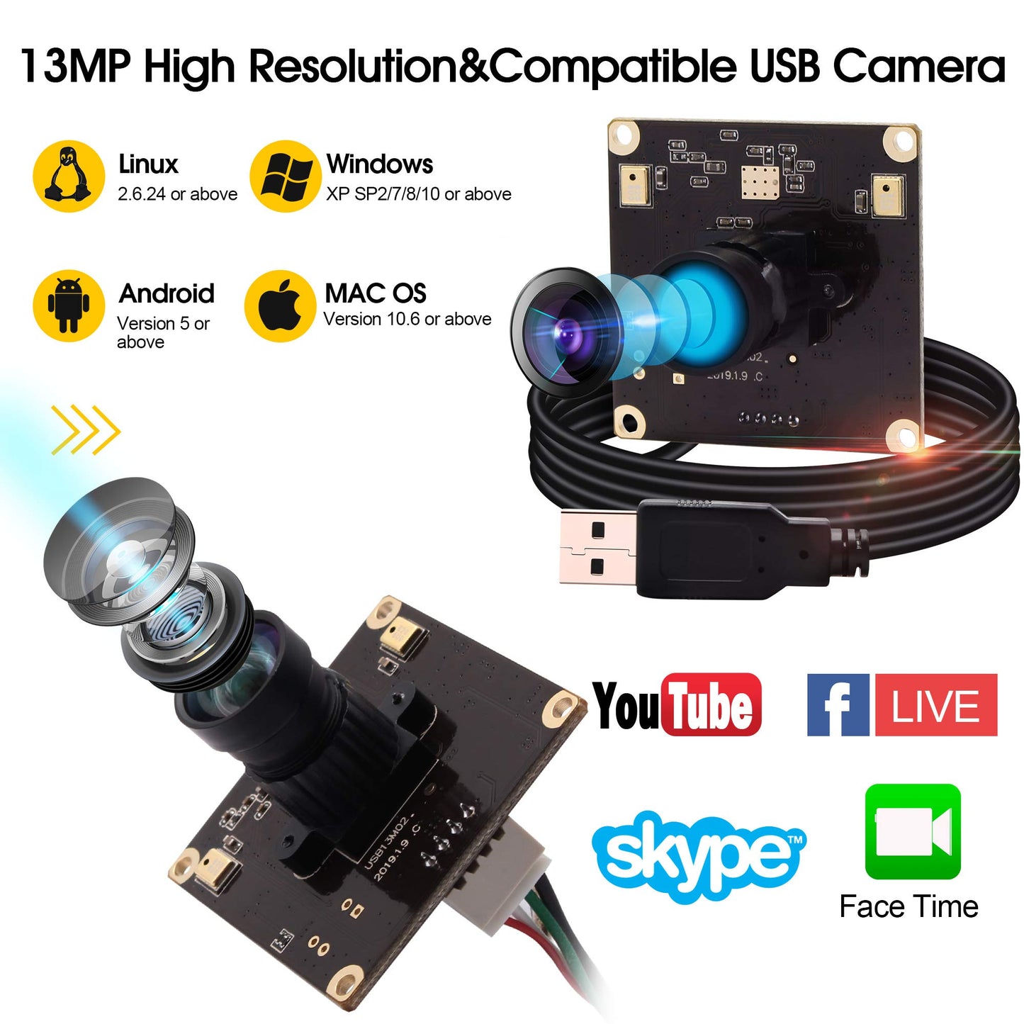 13mp Wide Angle USB Camera Module with Microphone for Computer 100degree No Distortion Lens Webcam Board Mini UVC USB2.0 PC Camera Industrial Video Audio USB with Camera for Raspberry Pi Laptop