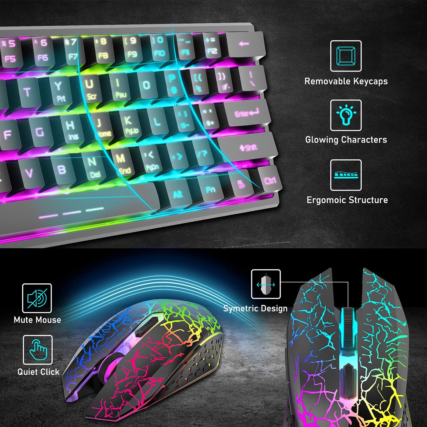 ZIYOU LANG T61 Wireless Gaming Keyboard and Mouse Combo with Ergonomic 61 Key Rainbow LED Backlight Anti-ghosting Mechanical Feel Rechargeable 4000mAh Battery Mouse Pad for PC MAC Gamer Typists(Black)