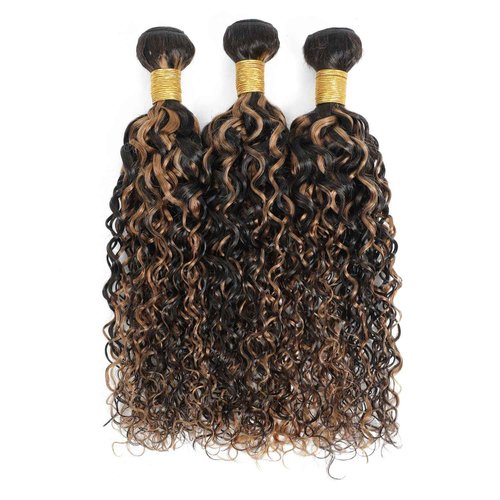Anmetan Honey Blonde Highlight F1B30 Bundles with Closure Water Wave Human Hair, Soft Wet and Wavy 12A Black and Brown Remy Ombre Color Curly 100% 3 Bundles with 4x4 HD Lace Closure 10 12 14 + 10 In