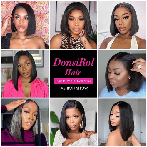 DonsiRol 12 inch Bob Wig Human Hair, Glueless Wigs Human Hair Pre Plucked, 13x4 bob lace front wigs for Woman, 180% Density Bob Wigs with Baby Hair (Black)