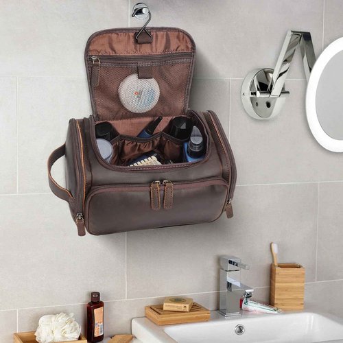 Polare Full Grain Leather Toiletry Case Bag Travel Dopp Kit Organizer Hanging Makeup Cosmetic Shaving Kit Wash Case for Men