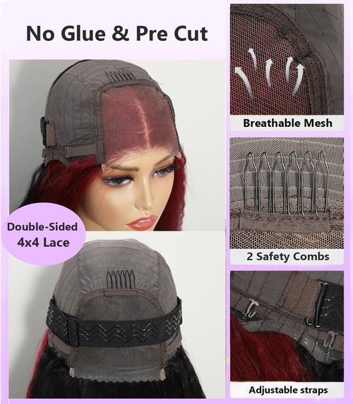 Sogram Wear and Go Glueless Yaki Straight Human Hair Wig Double Wear Wig No Glue Transparent HD Lace Wig 4x4 Kinky Straight Lace Closure Wigs Human Hair 180% Density 22 Inch (Red and Black)