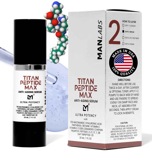 Man Labs Titan MAX Anti-Aging Peptides Serum for Face – Ultra Potency Mens Peptide Serum Moisturizer – Mens Skin Care – Men, Dark Spots, Wrinkles, Fine Lines – Peptides, 10% Niacinamide, HA –Unscented