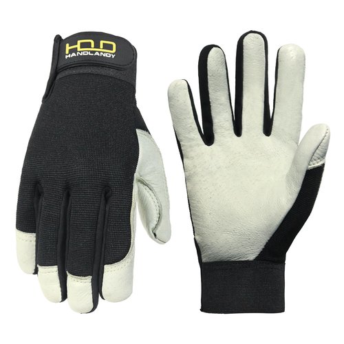 HANDLANDY Leather Work Gloves for Men & Women, Durable Glove for Gardening, Tig/Mig Welding, Construction, Chainsaw, Farm, Ranch. Utility, Firm Grip - White Black S