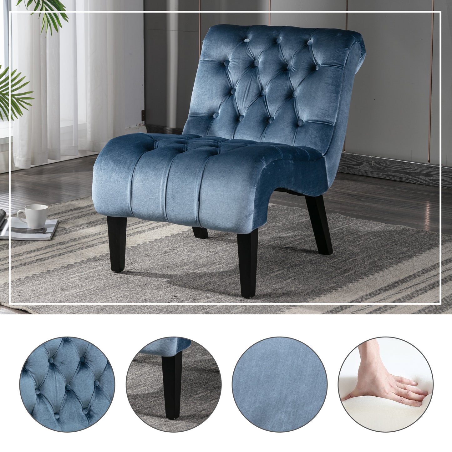 Light Blue Velvet Armless Accent Chair for Living Room & Office