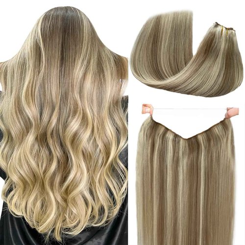 Wire Hair Extensions Real Human Hair, 22 inch 100g Ash Brown Highlighted Golden Blonde Fish Line Hair Extensions Real Human Hair Straight Balayage Invisible Wire Hair