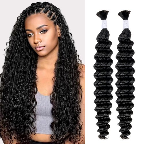 Deep Wave Bulk Human Hair for Braiding 2 Bundles 100g 26 Inch No Weft 10A Brazilian Virgin Curly Human Hair Extensions for Boho Braids Wet Wavy Human Braiding Hair (26"/100G,Black)
