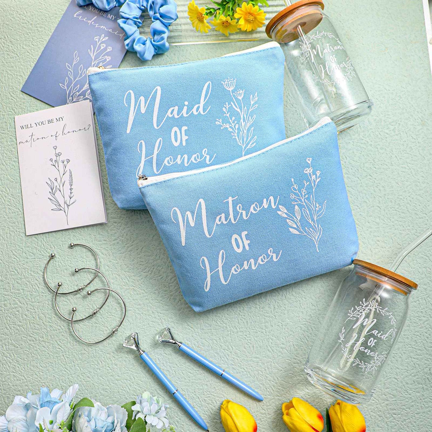 Irenare 48 Pcs 8 Set Bridesmaid Proposal Gifts Maid of Honor Gifts Bridal Shower 16oz Glass Cups Cosmetic Makeup Bags Invited Cards Scrunchies Hair Knotted Bracelets Diamond Pens(Blue)