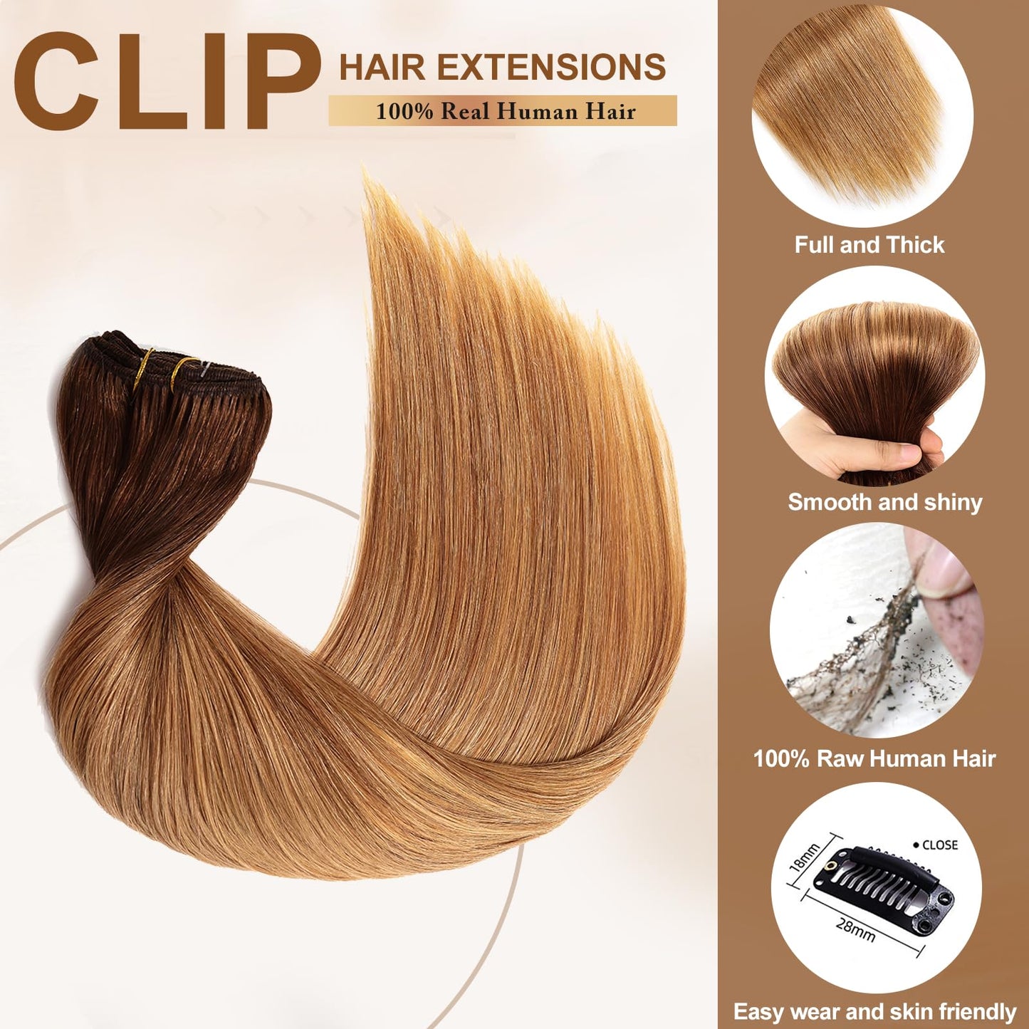 16A Premium Clip in Hair Extensions Real Human Hair, 18inch 120g 7pcs（Service life1.5~2 years）Remy Seamless Invisible Double Weft Human Hair, #T4/27 Balayage Multiple Washes Keep Texture Soft