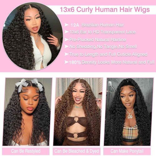 BVLBVL 13x6 Deep Wave Lace Front Wigs Human Hair 180 Density HD Lace Frontal Wig Curly Wig Pre Plucked Wet and Wavy 24 inch, Real Human Hair No Synthetic Blend No Tangle No Shedding Triple Lifespan 3X