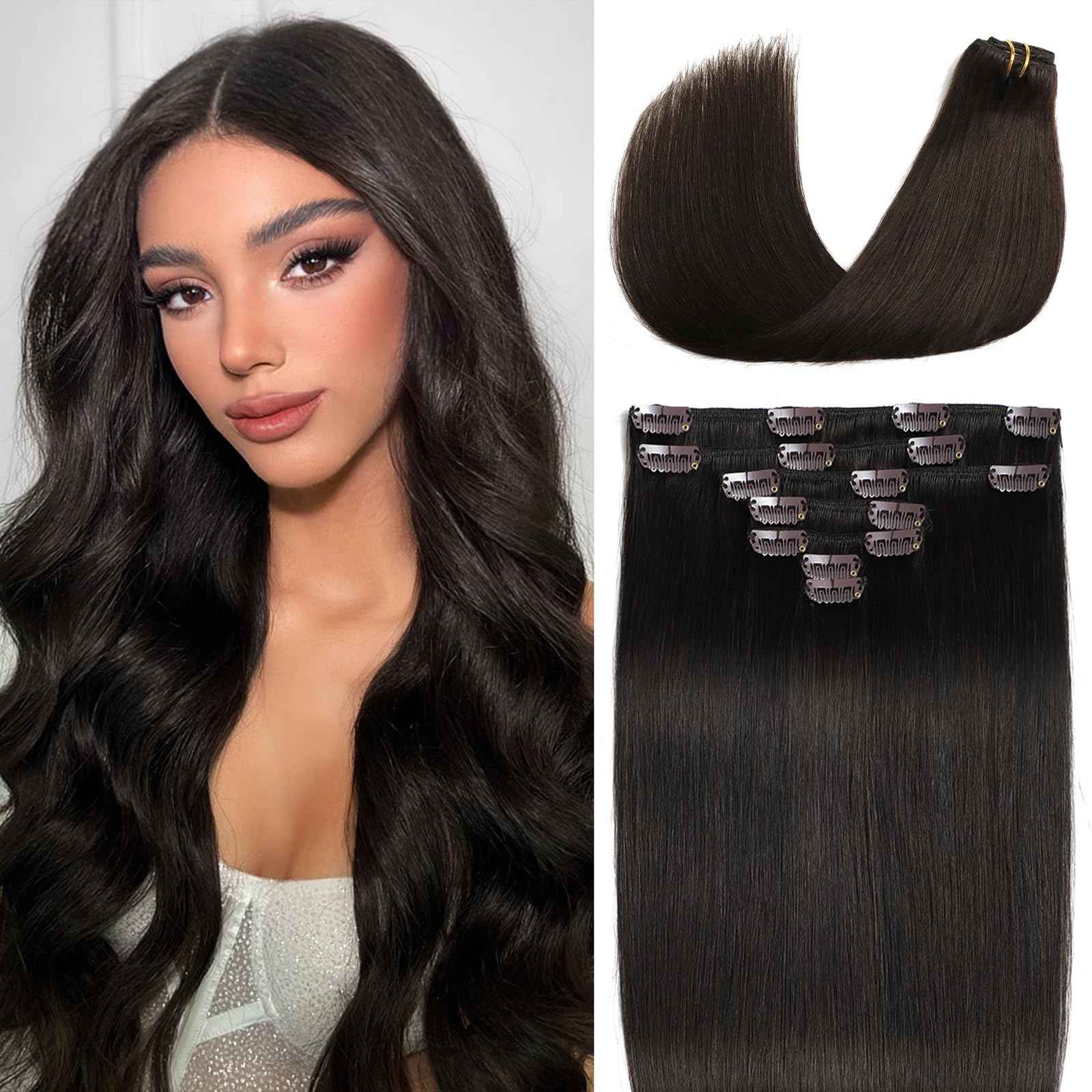 Human Hair Clip in Extensions #2 Dark Brown Clip in Hair Extensions Real Human Hair Straight Clip ins Extensions for Women 18 Inch 85g 7Pcs Easy to Styling