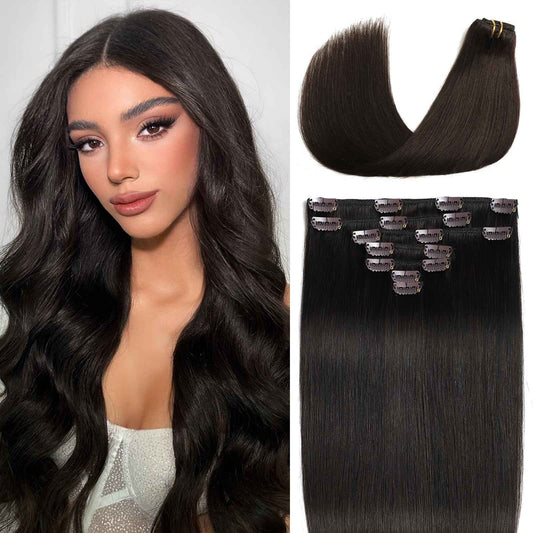 Human Hair Clip in Extensions #2 Dark Brown Clip in Hair Extensions Real Human Hair Straight Clip ins Extensions for Women 18 Inch 85g 7Pcs Easy to Styling