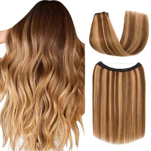 Halo Hair Extensions Real Human Hair, S-noilite Hair Halo Extensions for Women 22inch Medium Brown/Dark Blonde Halo Extensions Invisible Wire HairExtensions