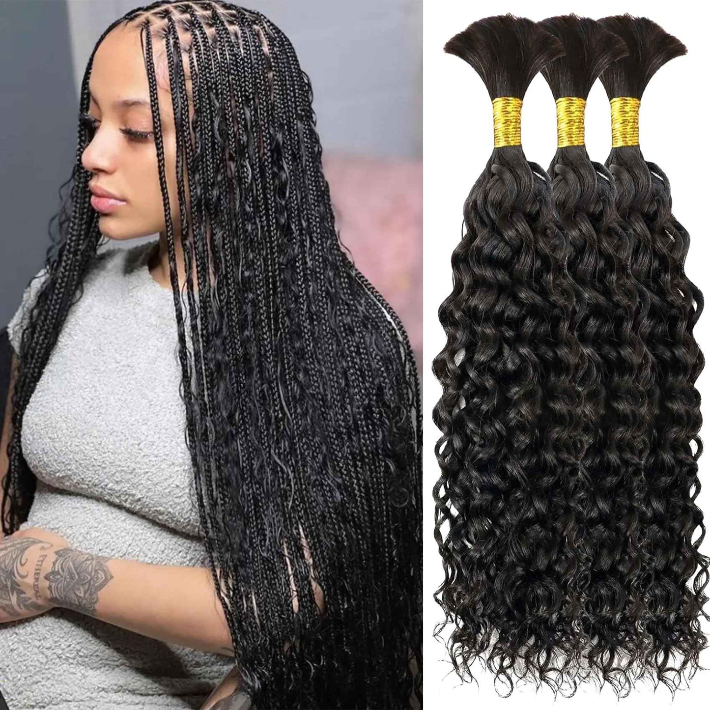 Human Braiding Hair, 3 Bundles 150g Water Wave Bulk Boho Hair for Braiding, 12A Curly Human Braiding Hair for Boho Knotless Braids Bundles Natural Color 20 Inch