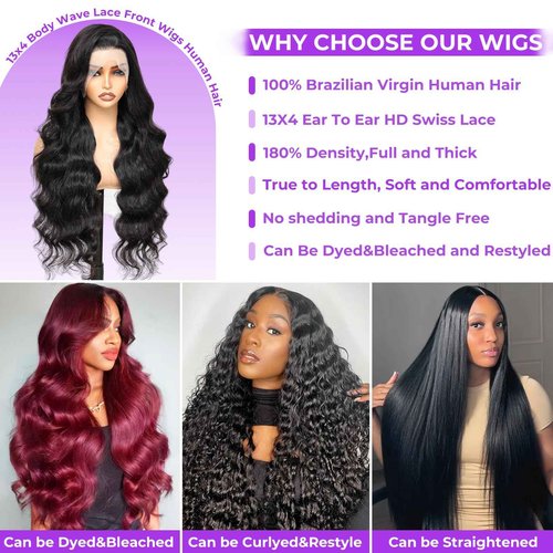 BigBeauty Body Wave Lace Front Wigs Human Hair 13x4 HD Lace Frontal Body Wave Human Hair Wig for Women 180% Density Brazilian Virgin Hair Pre Plucked Glueless Body Wave Wig Natural Black 28inch