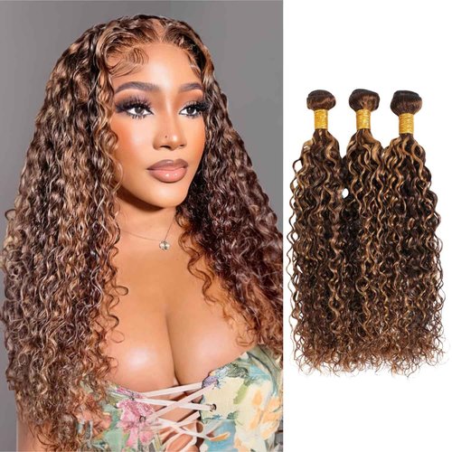 Luxvogue Bundles Human Hair 18 20 22 Inch Water Wave Chocolate Brown P4/27 Human Hair Bundles 11A Unprocessed Brazilian Virgin Hair Quick Weave for Black Women
