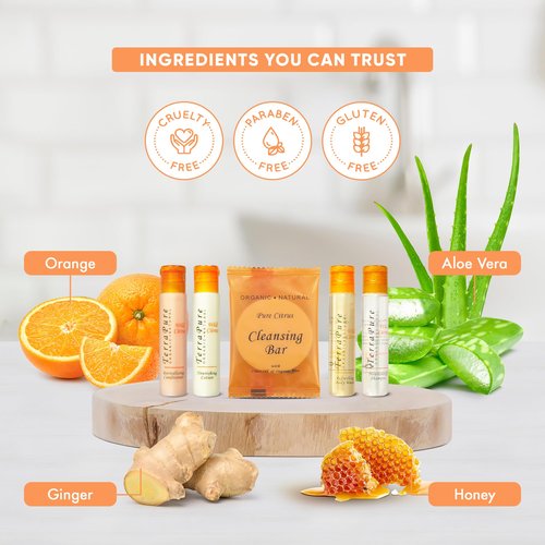 Terra Pure Wild Citrus Hotel Amenities Set | 1-Shoppe Amenities Kit | 1oz Shampoo, Conditioner, Body Wash, Lotion, Bar Soap | Travel Size | 300 Pieces