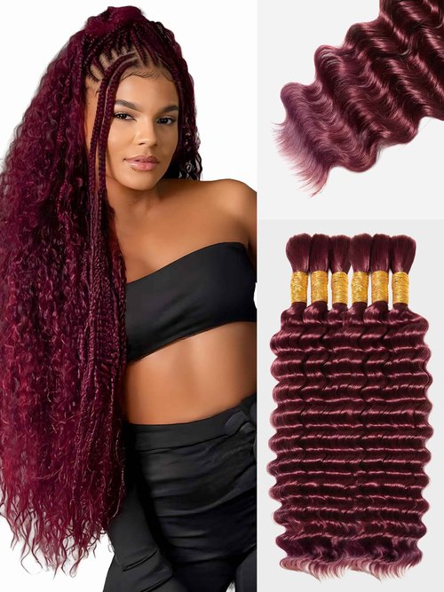 Human Braiding Hair for Boho Braids Deep Wave Bulk Human Hair for Braiding 3 Bundles/Pack Knotless 100% Unprocessed Brazilian Virgin Hair Extensions Bulk Bohemian 18 Inch Dark Burgundy 99j