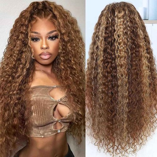DOSYVI Ombre Lace Front Wig Human Hair 180% Density 4/27 Honey Blonde 13x6 Deep Wave Lace Front Wigs Wet and Wavy Curly Glueless Wigs Human Hair Pre Plucked with Baby Hair(Highlight, 24 Inch)