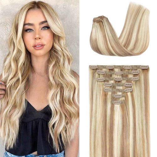 Fimislosion Real Hair Extensions Clip in Human Hair, Seamless Clip in Hair Extensions Real Human Hair, 20 Inch Clip ins extensions for women, Honey Blonde With Bleach Blonde 120G 7Pcs