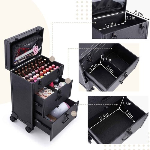 Frenessa Rolling Nail Case - Wheeled Vegan Leather Manicure Storage Organizer for Nail Technicians, Cosmetologists, and Stylists