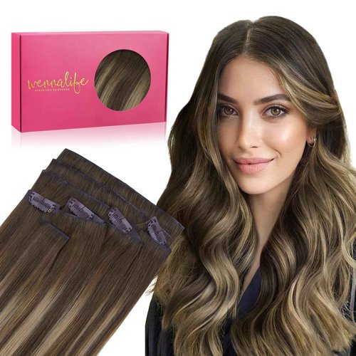 WENNALIFE Invisi Edge Clip in Hair Extensions Real Human Hair, 12 Inch 80g 7pcs Balayage Chocolate Brown to Caramel Blonde Invisible PU Skin Weft Straight Extensiones De Cabello Hmano Clip Ins