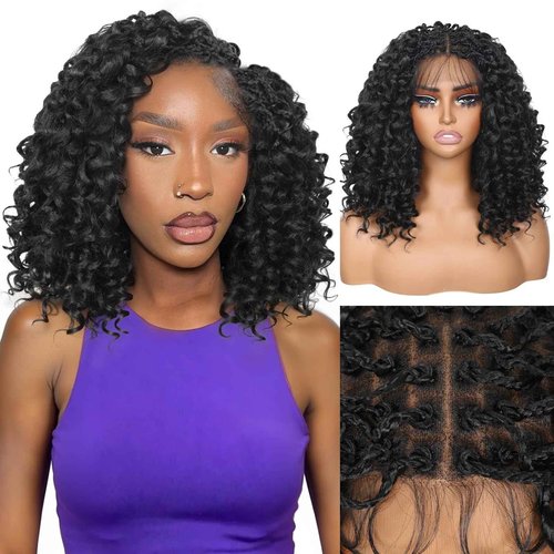 Lady Miranda Double Full Lace Braided Wigs for Black Women 12 Inch Curly Wigs Lightweight Knotless GoGo Curl Wig Synthetic Braided Wigs with Natural Bouncy Curl (Natural Black,12 Inch)