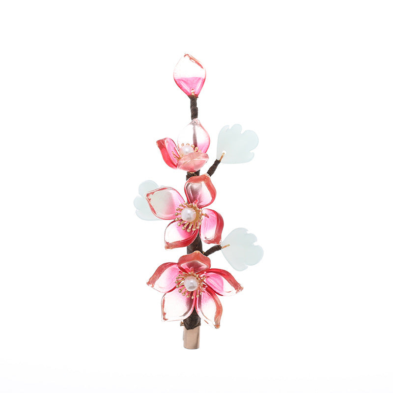 Red Crystal Flower Hairpin - Vintage Hanfu Accessory