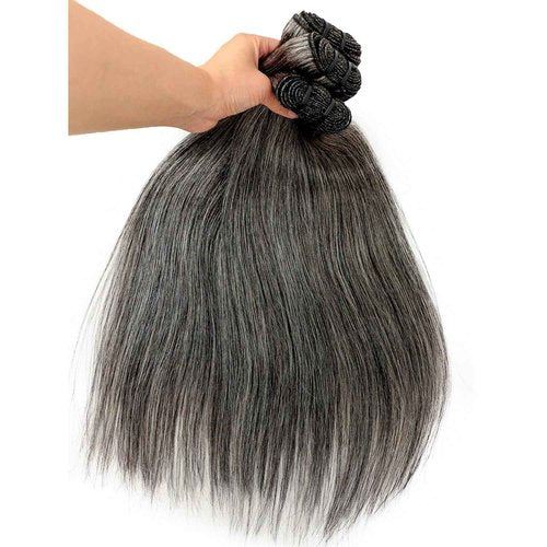 Salt and Pepper Human Hair Bundles Straight 10 12 14 inch Natural Grey Bundles Human Hair Gray-White Quick Weave Hair Extensions Double Weft