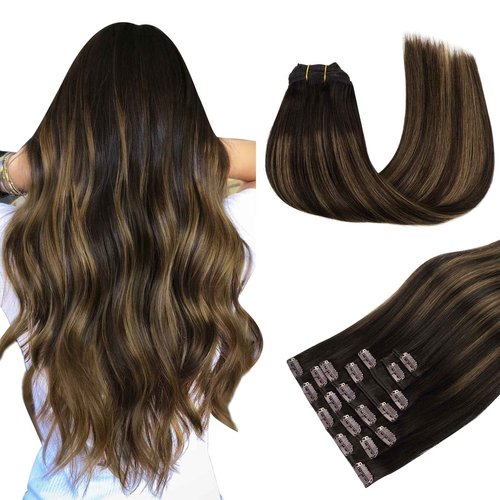 MAXITA Human Hair Clip in Extensions,80g 20 Inch 7pcs, Balayage Dark Brown Mixed Chestnut Brown Hair Extensions Clip in Human Hair Remy Hair Extensions Natural Straight Thick Hair