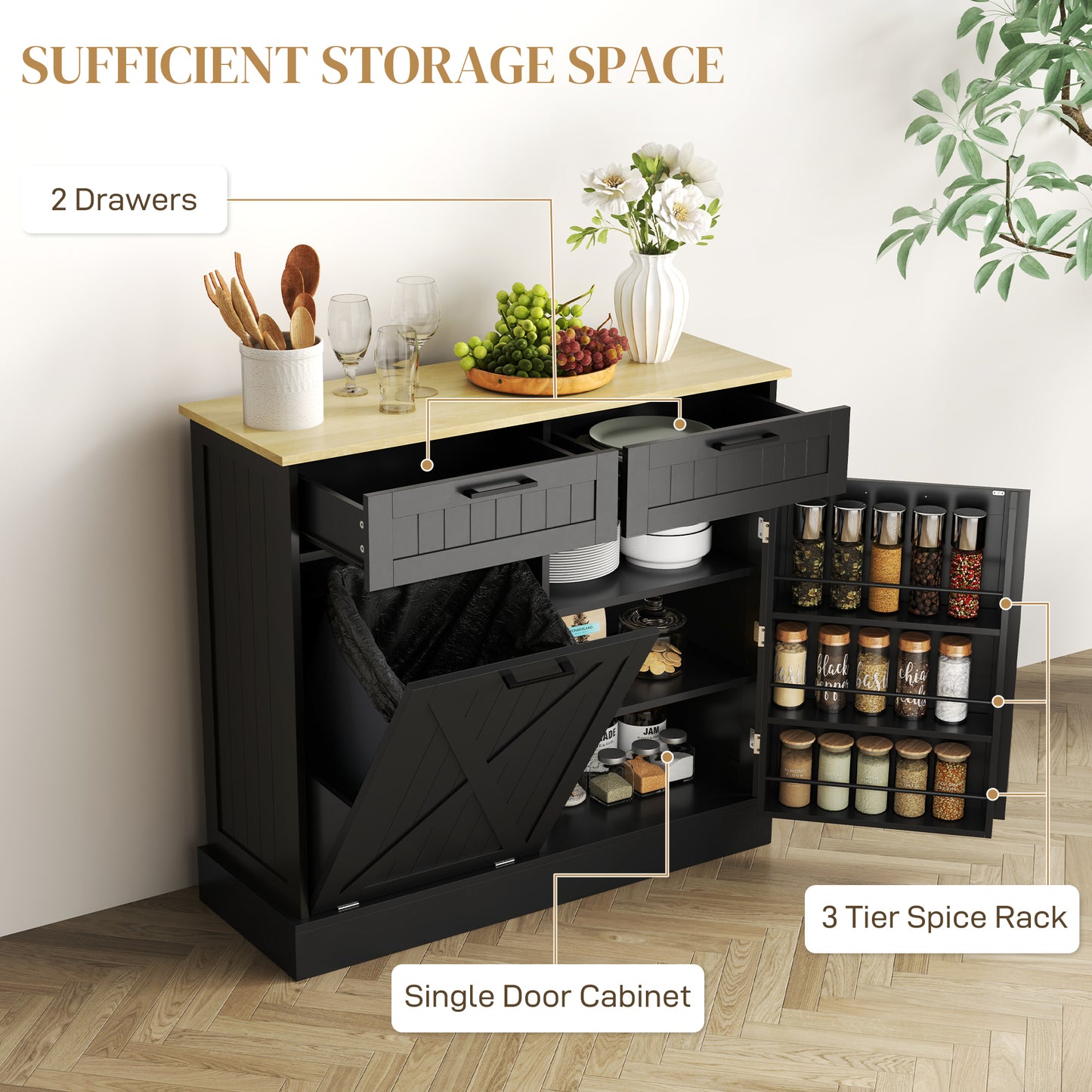 Tilt-Out Trash Can Cabinet with 2 Drawers - Black Farmhouse Style