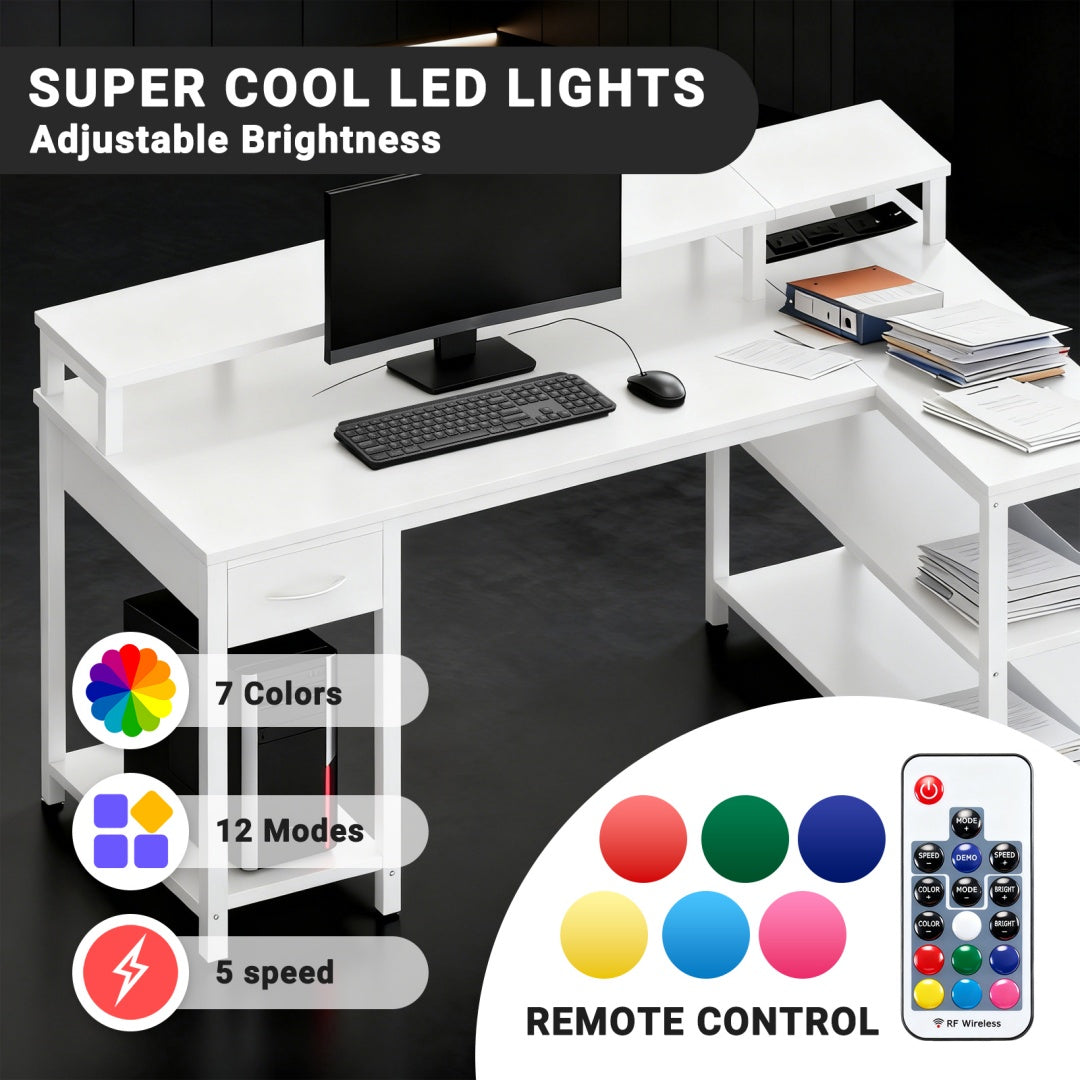 L-Shaped Gaming Table with USB Charging & LED Light
