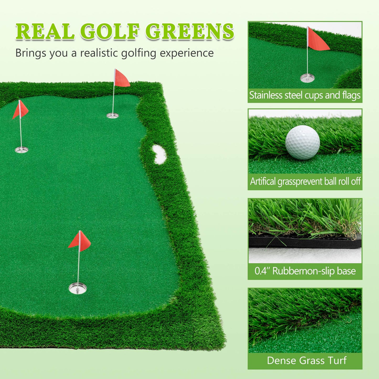Golf Putting Green Mat - 10x5 FT with 3 Holes and Flags