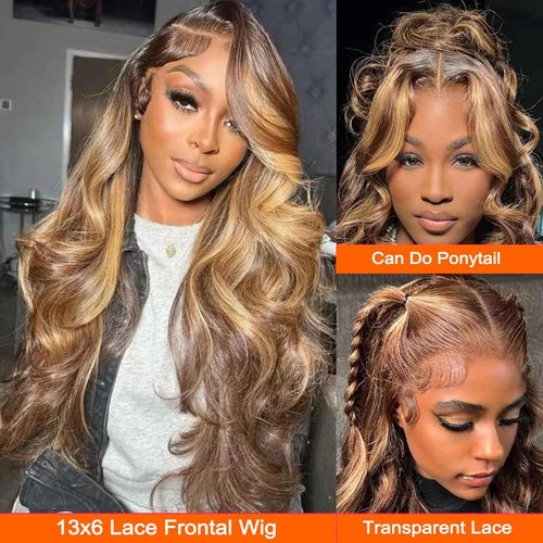 P4/27 Honey Blonde Highlight Wig Human Hair 13x6 Ombre Lace Front Wig Body Wave Hd Lace Frontal Wig Glueless Brown Blonde Highlight Lace Front Wigs Pre Plucked Bleached Knots 20 Inch 180% Density