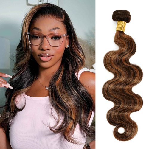 MOMOSHERO Brown Highlight Body Wave Bundles Human Hair, 12A Soft and Glossy Blonde Balayage Ombre Bundles 100% Remy Hair Single Ombre Bundle #1b/30 Piano Color Dark Root 20 Inch