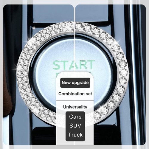 LivTee 2 PCS Crystal Combinatorial Rhinestone Engine Start Decoration Ring, Push to Start Button Cover, White