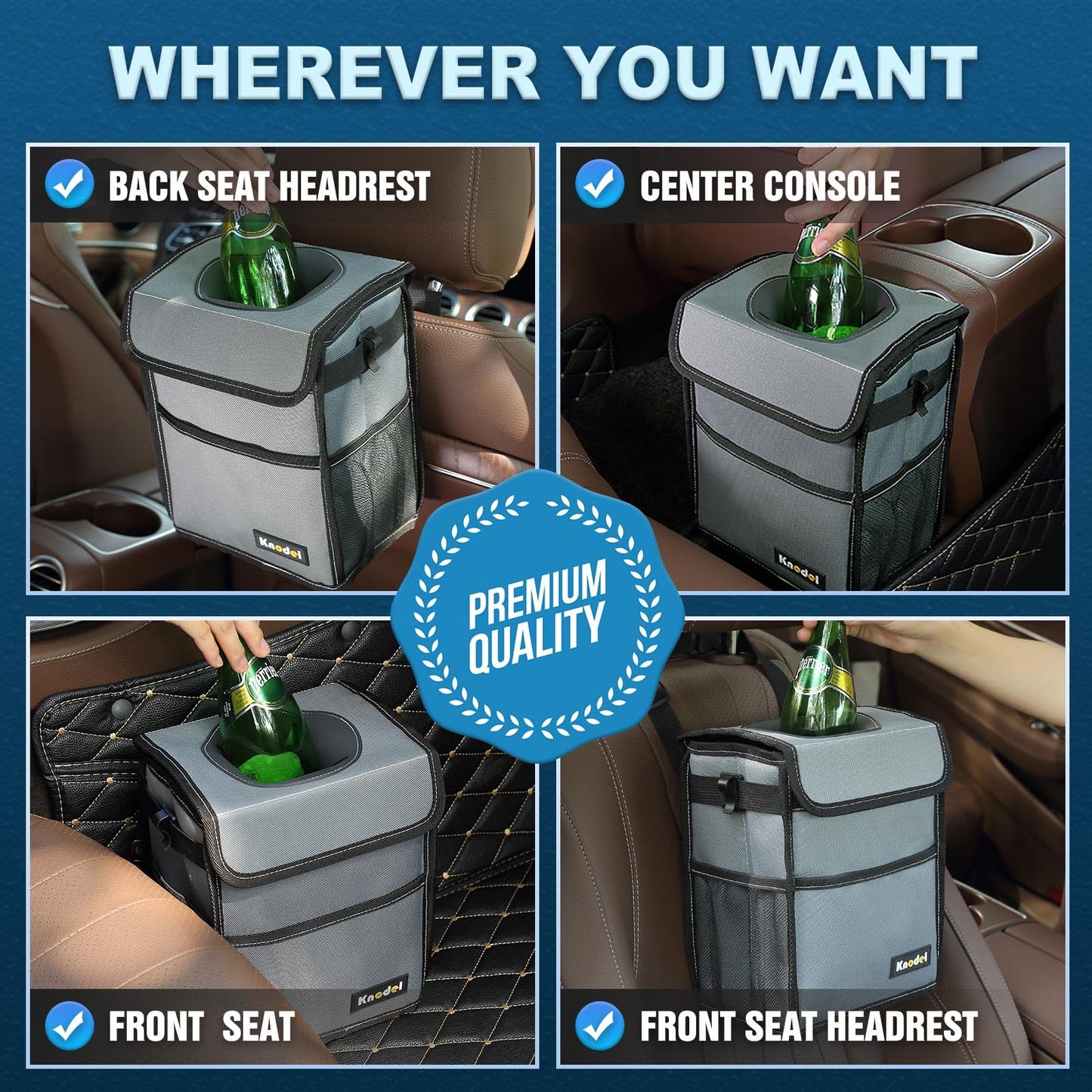 K KNODEL Car Trash Can, Waterproof Garbage Can, Trash Bag with Lid, Leak-Proof Car Bin, Trash Hanging Bag for SUV (Medium, Gray)