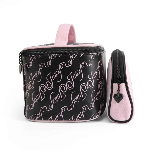 Juicy Couture Black Pink Makeup Bag Cosmetics Organizer Travel Essentials Train Case Coin Purse Cursive Logo Rhinestone Velour