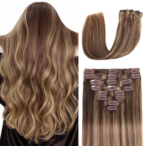 Clip in Hair Extensions Real Human Hair Clip in Extensions for Women Balayage Chocolate Brown to Honey Blonde Straight Remy 100% Human Clips ins Extension 8pcs Double Weft 22 inch 4oz/110g