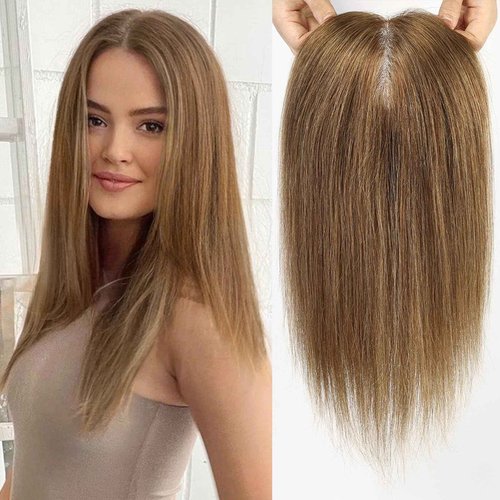 RSY Medium Brown Hair Toppers for Women with Thinning Hair, 100% Real Human Hair Pieces for Women, 5"*5" Mono Top 14 Inch Clip in Extensions with No Bangs