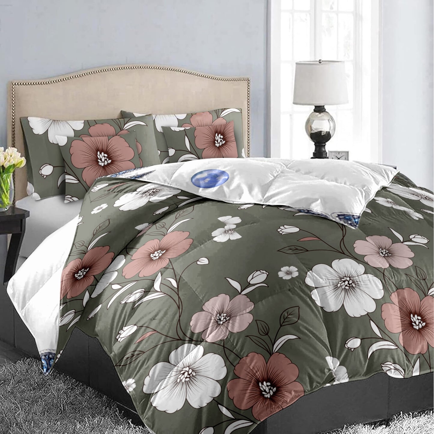 5-Piece Vintage Floral Duvet Cover Set - Sage Green