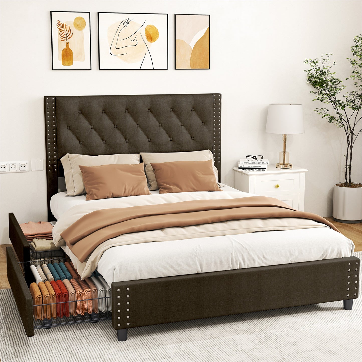 Queen Size Bed Frame With Upholstered Button Tufted Headboard Wood