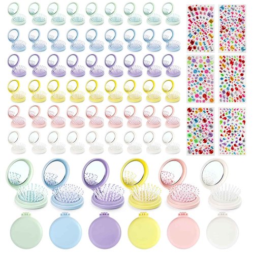 Lilingsty 60 Pack Foldable Travel Hair Brushes with Mirror, Portable Round Pocket Hairbrush, with High Definition Mirror Surface, Mini Compact Hair Massage Comb for Purse, With DIY Sticker, 6 Colors