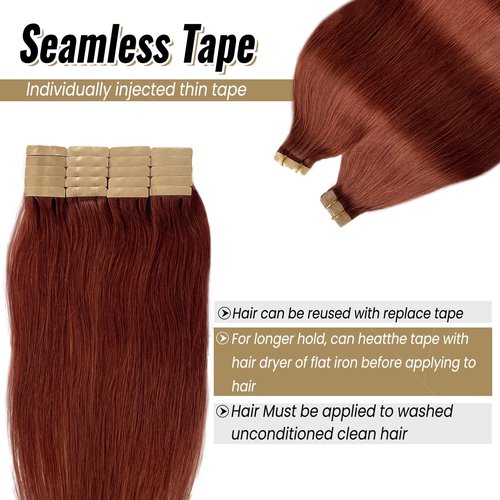 Tape in Hair Extensions #33 Dark Auburn 100% Real Human Hair Silky Straight for Women 24inch 20pcs 70g Dark Auburn Invisible Natural Human Tape in Hair Extensions