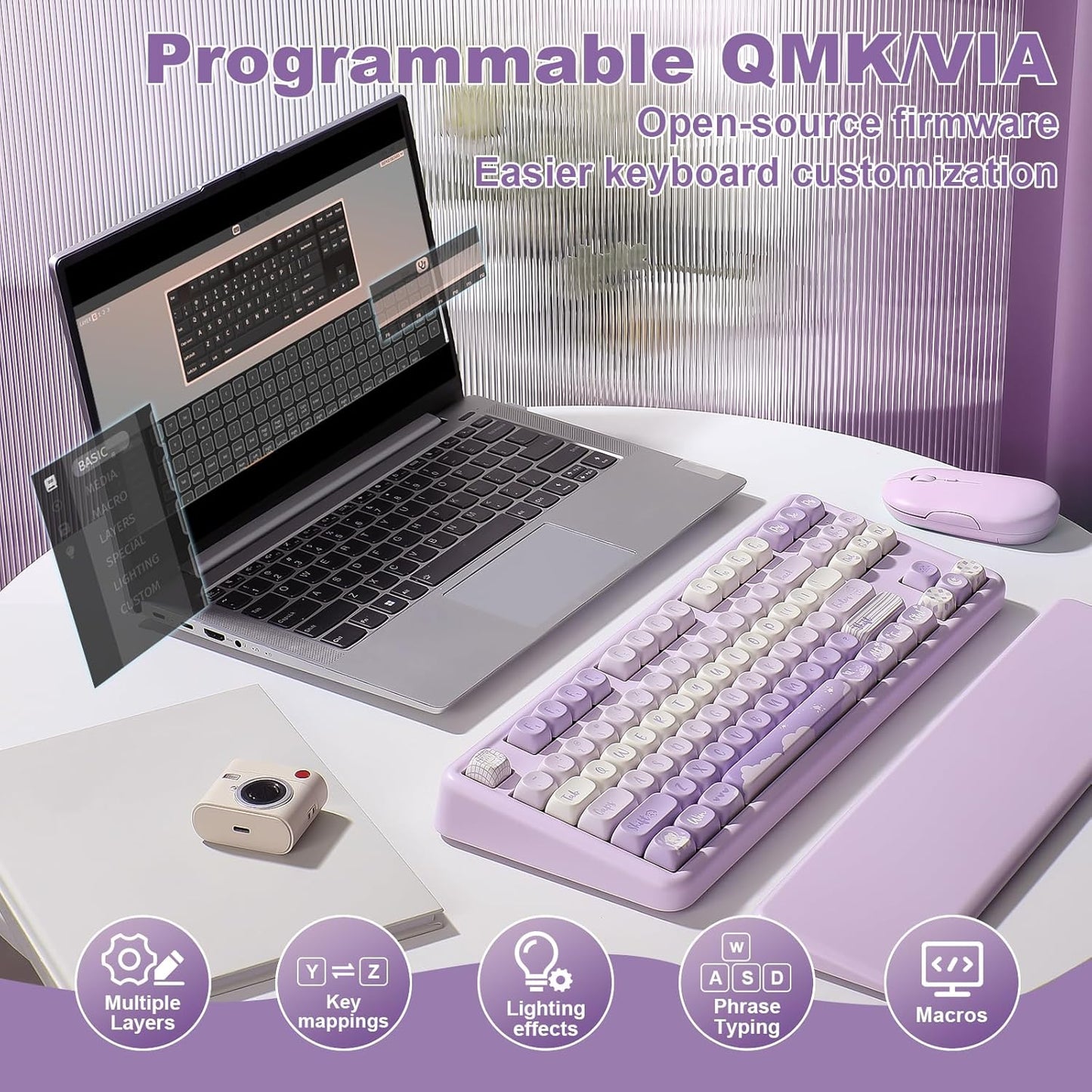 YUNZII B87 Wireless Mechanical Keyboard,QMK/VIA Programmable,TKL Layout 87 Keys,BT/2.4G/USB-C,Hot Swap Gasket Mount RGB Backlit Gaming with Wrist Rest for Win/Mac(Purple, Cocoa Cream V2)